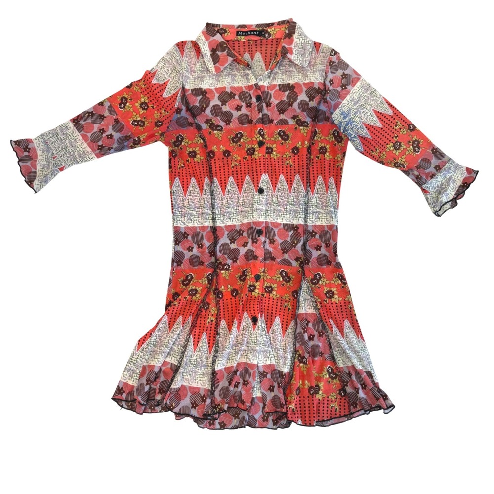 Mechant Red Mixed Print Mesh Button Front Mini Dress 3/4 Sleeve Y2K Boho M EUC